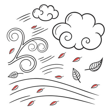 Windy weather scene with swirling air currents, clouds, and falling leaves, hand drawn line on a clean white background