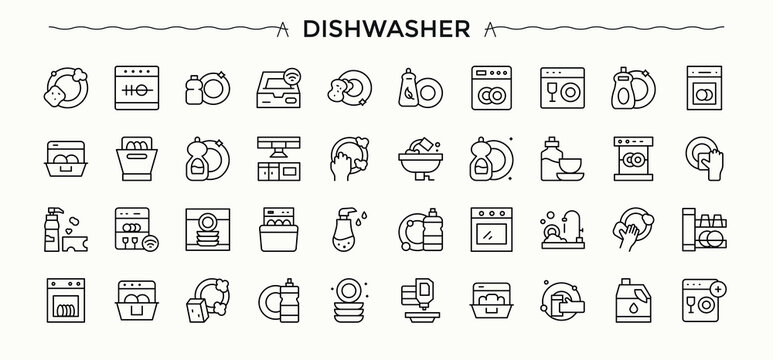 Dishwasher simple icon set. Wash icon set. Contain linear sign anti-bacterial, hygiene, bath, service, clean and more.