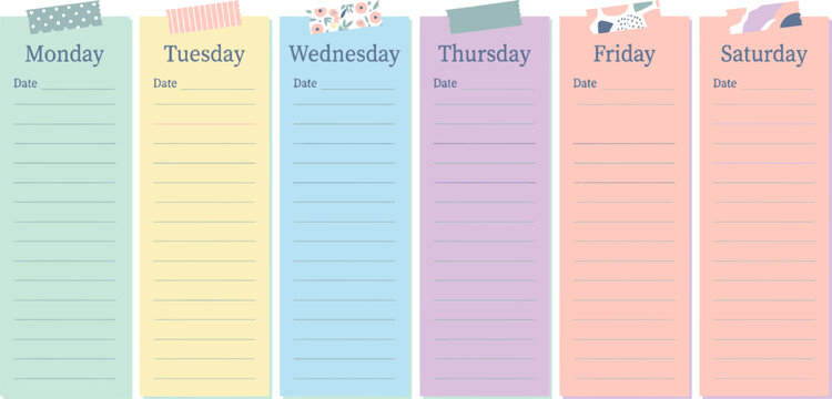 Pastel weekly planner template with washi tape, colorful daily schedule notes vector, minimalist to-do list organizer for productivity