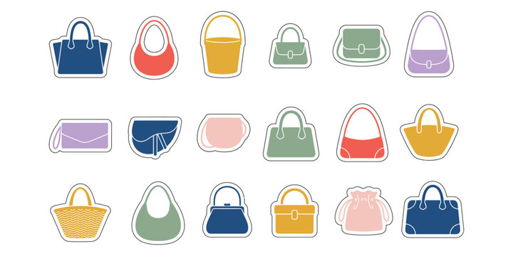 Collection of various colorful female handbags and purses isolated on a white background in flat design style