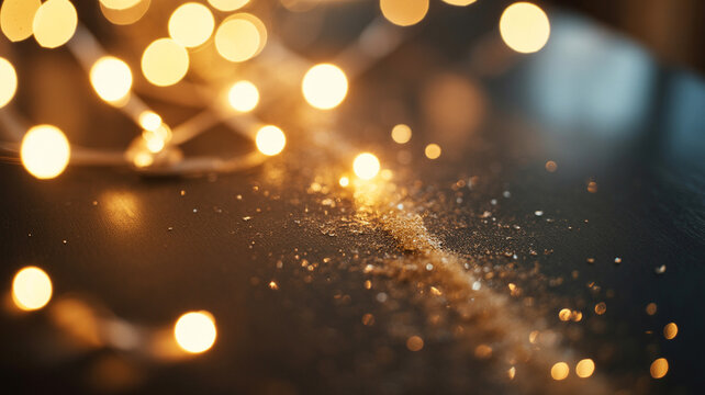 Festive background with warm golden bokeh lights and sparkling glitter dust fairy lights christmas lights holiday background magic bokeh shimmering dust