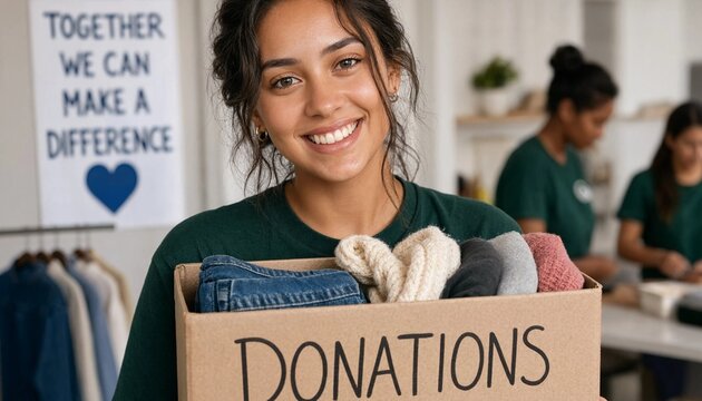 Smiling volunteer holding cardboard donation box with clothes in charity setting