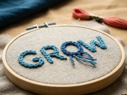 Needlework embroidery hoop with grow word on linen
