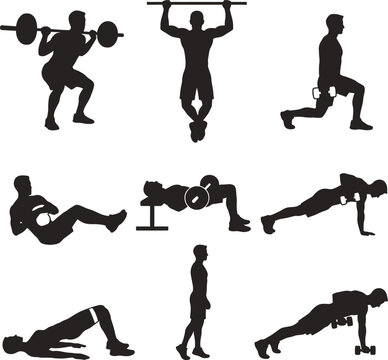 Male athlete exercise silhouette set with barbell squats, pull-ups, dumbbell rows, and bodyweight training poses