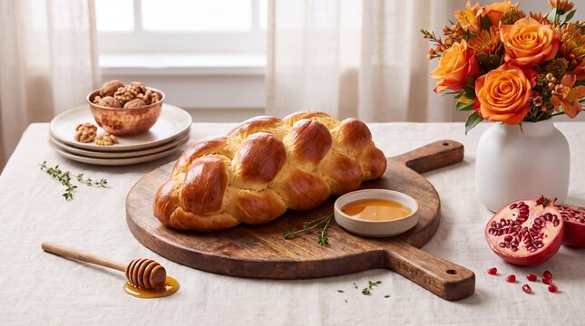 Braided challah bread loaf rests on wooden board with golden honey and fresh pomegranate seeds
