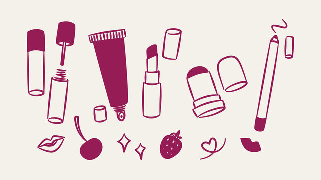 Set Collection Bundle Hand Drawn Illustration of Lippies Lipstick Tint Balm Products as Elements. Editable Vector Brush Line Art Icon Symbol Logo for Packaging Design, Product Branding, Beauty Indust.