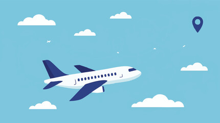 Fototapeta premium White airplane flying in blue sky with heart-shaped travel path and pin