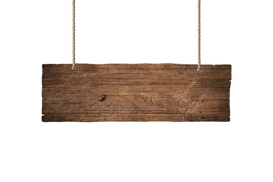 wooden blank sign hanging with chain and rope on white background