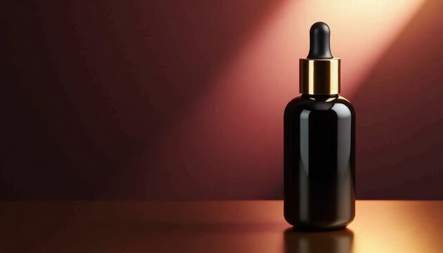 Dark glass dropper bottle on wooden surface with copy space