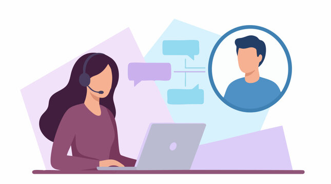 Online customer service agent with headset on laptop, supporting client.