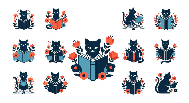 Collection of black cats reading books surrounded by floral elements.