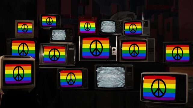 Vintage Television Stack Showing Analog Glitch And Rainbow Peace Sign - 4K
