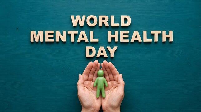 Two caring hands gently cupping and holding small green human figure symbol of care support protection mental health wellbeing, large wooden block 3D letters World Mental Health Day on solid dark teal