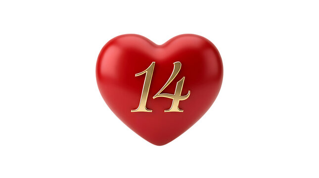 A shiny red heart with the golden number fourteen representing valentines day celebration isolated on transparent background