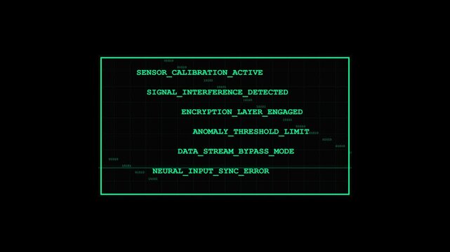 Green technical terminal boxes on black screen