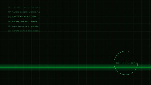 Green digital terminal code interface with scrolling text