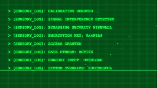 Green digital hacker terminal text on dark grid background