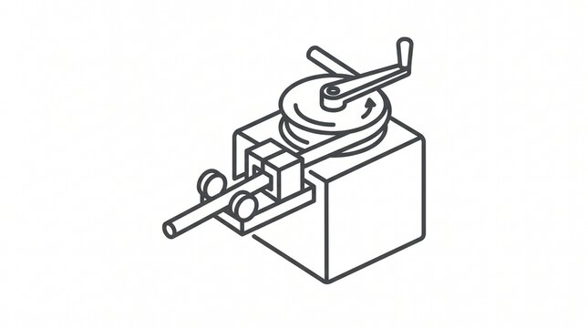 Isometric line art illustration of manual wire bending machine tool