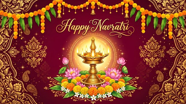 Happy Navratri Deepam Lamp - Crimson Gold Festival Banner