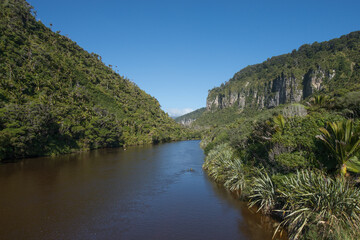 Fototapeta premium Scenic view of a tropical river flowing through lush green jungle mountains under a clear blue sky