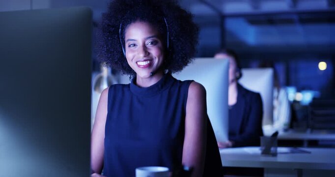 Call center, night and woman typing on computer with customer service, e commerce support or online chat. Face of happy African agent or business consultant helping with virtual sign up on website