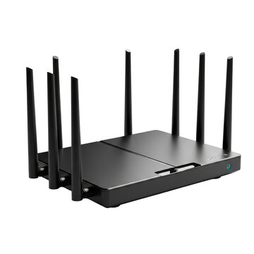 Black wireless router with multiple antennas on white background