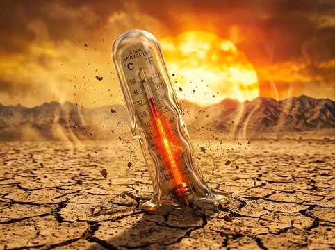 Realistic Melting Thermometer Conceptual Illustration Representing Extreme Global Climate Change Crisis Environment