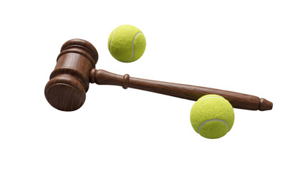 Naklejka premium Wooden judge gavel with yellow tennis balls, sports law and arbitration concept, legal justice in professional athletics isolated PNG with Transparent Background