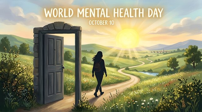 : Person walking winding green path through ancient stone archway covered in climbing vines into open rolling hills under bright sunny blue sky, symbolic journey to mental well being wellness hope Wor