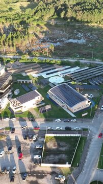 Artificial Lake Integrated with Sustainable Infrastructure, Modern Buildings and Preserved Green Landscape in Florian&oacute;polis, Brazil. Establishing Shot. Aerial View.