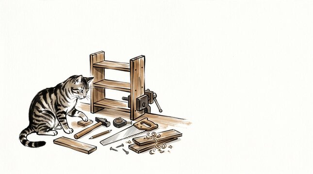Ink and watercolor illustration of a cat doing carpentry with tools