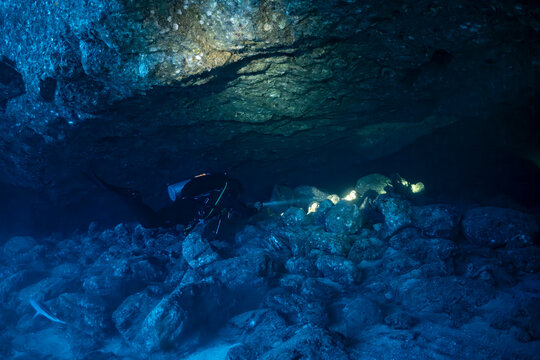 Diving in the underwater caves near Socorro Island in Mexico