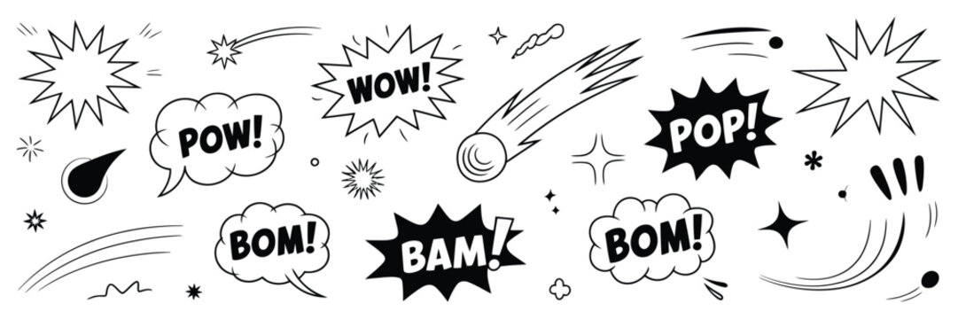 Comic cartoon line splash icon set, hand drawn burst effects with cartoon boom wow icons, explosive speech bubble, action motion elements, vector