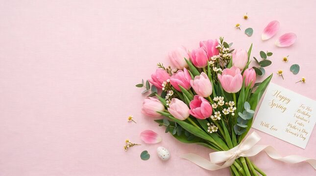 Spring tulip bouquet flat lay with greeting card and pink background