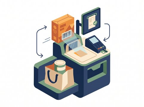 Isometric illustration of a self-checkout terminal with scanner and payment reader.