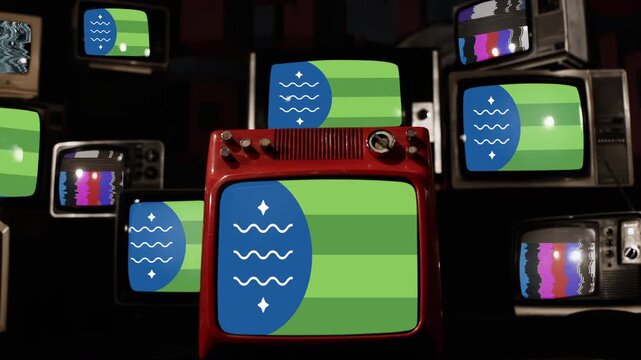 Retro CRT Televisions Wall Displaying Bellingham Washington Flag And Static Noise - 4K
