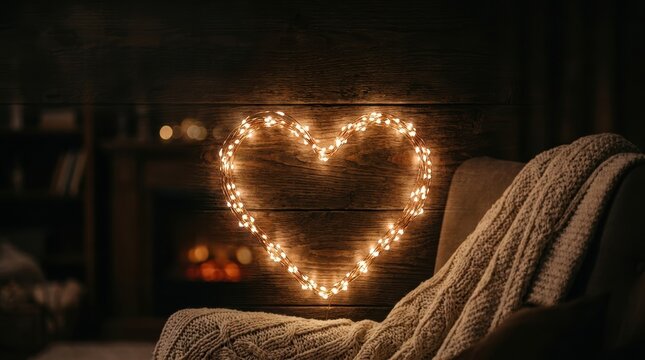 A glowing heart shape made of warm fairy lights hanging on a rustic dark wooden wall behind a cozy chair with a blanket