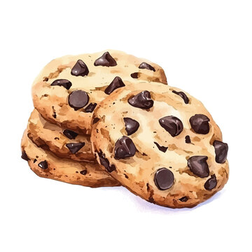 Chocolate Chip Cookies, realistic watercolor artwork on white background