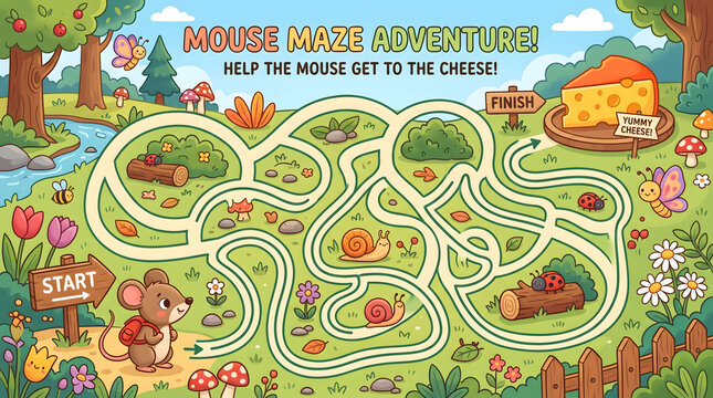 Mouse maze adventure puzzle game for kids with cute animal illustration