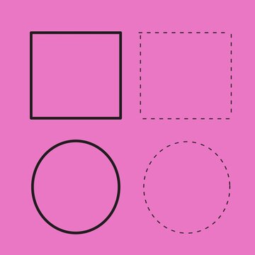 Solid and Dashed Line Square Circle Frames Vector Set on pink Background. Simple dashed circle set isolated.