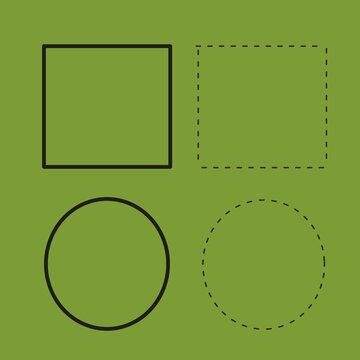 Solid and Dashed Line Square Circle Frames Vector Set on green Background. Simple dashed circle set isolated.