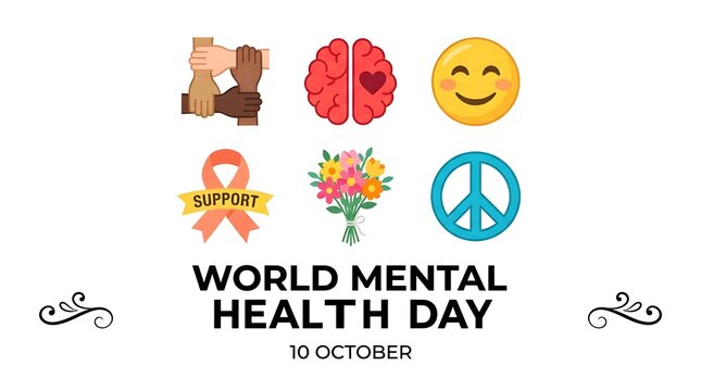  Six colorful flat icons set of hands holding brain brain heart smiley support ribbon flowers and peace symbol for World Mental Health Day