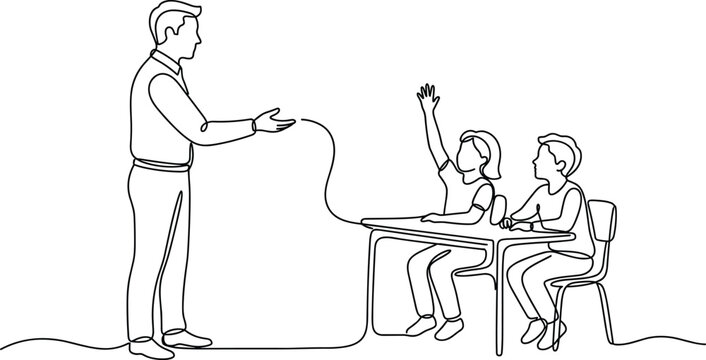 Continuous line drawing of male teacher asking question to elementary students in classroom vector illustration for education concept
