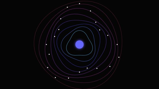 Abstract atomic structures with glowing cores and orbiting particles