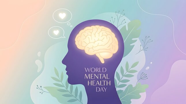  Human head silhouette profile with glowing brain inside surrounded by leaves and hearts on colorful gradient for mental health awareness illustration