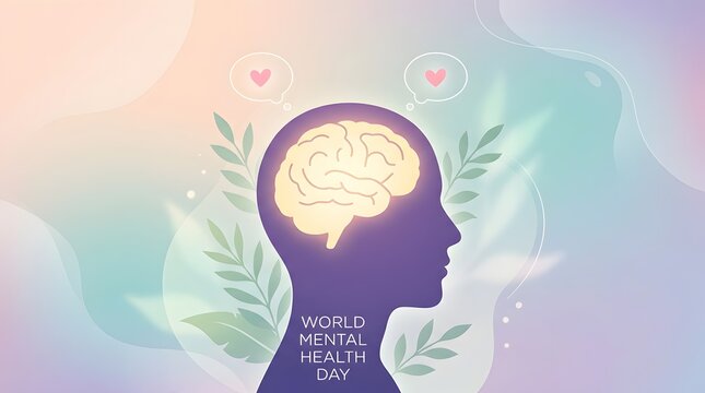  Human head silhouette profile with glowing brain inside surrounded by leaves and hearts on colorful gradient for mental health awareness illustration