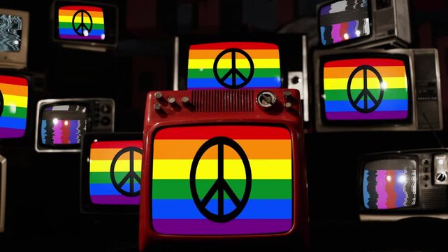 Retro CRT Televisions Wall Displaying Analog Static Noise And Pride Flag Symbol - 4K