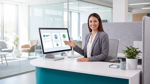 Receptionist in a grey blazer smiles and points to a desktop computer screen while sitting at a modern office reception desk.