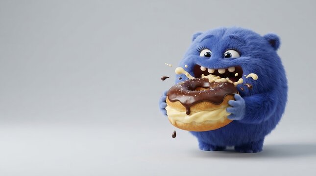 Cute fluffy blue monster eating big chocolate glazed donut with cream filling. Funny cartoon character enjoying sweet dessert. Greed and gluttony concept for children illustration and advertising