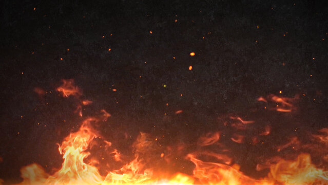 Cinematic Fire Flame with Burning Embers and Spark Particles on Dark Grunge Concrete Wall Movie Action Title Trailer Animation Background